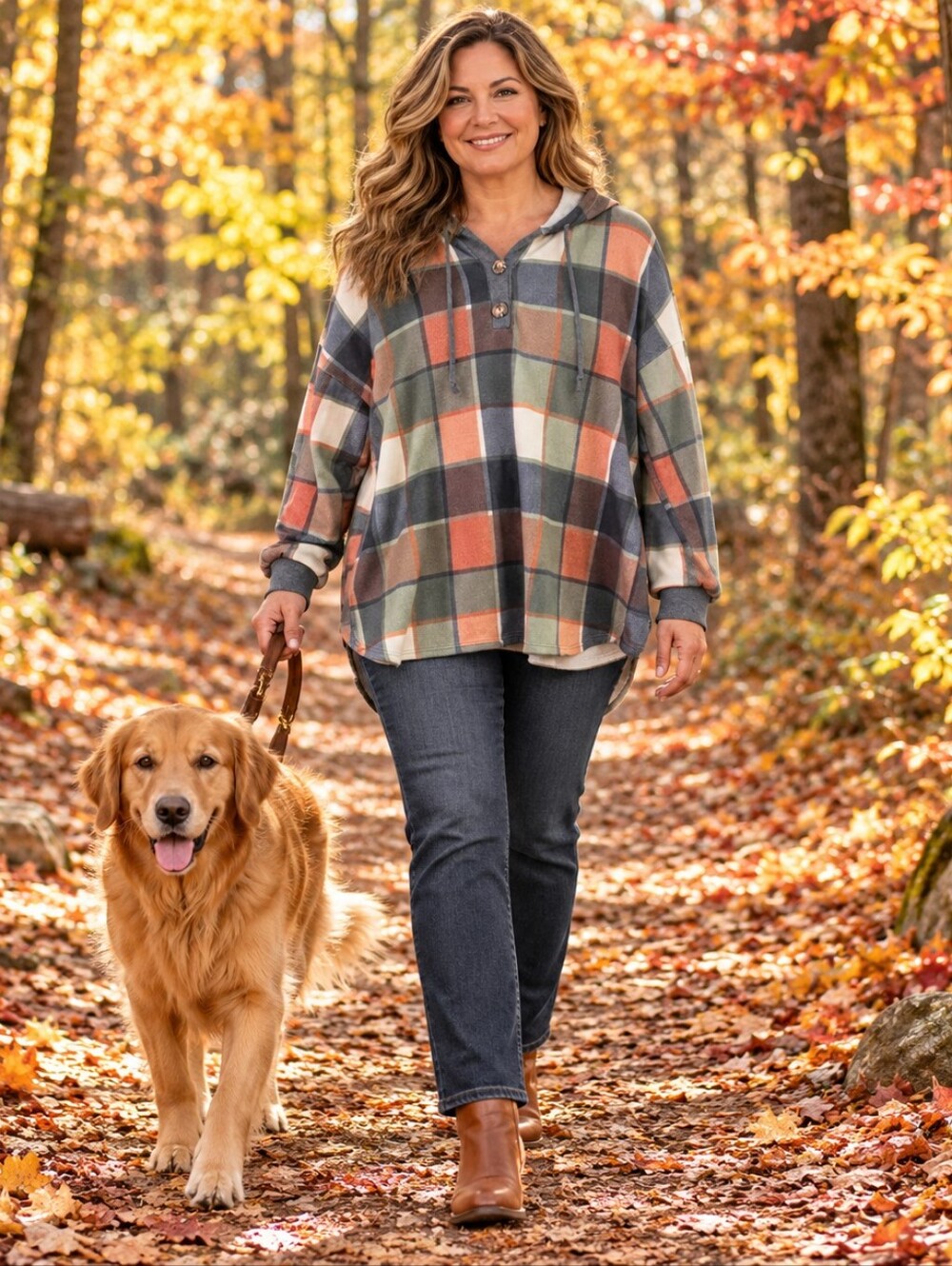 HEIMISH USA Plaid Hooded Pullover Top Fall Colors Size 1X